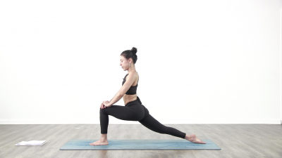 Yogi is practising yoga on a blue yoga mat on white background
